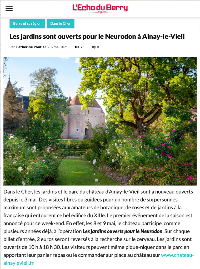 Article L'écho du Berry - château Ainay-le-Vieil jardins ouverts Neurodon - 7 mai 2021