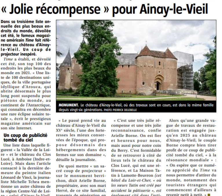 19 aout 2021, le Berry Républicain article sur la citation du Château d'Ainay-le-Vieil dans le Time