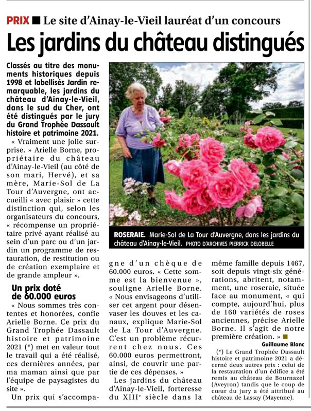 Article du Berry républicain du 27 octobre 2021 : les jardins du château d'Ainay-le-Vieil distingués