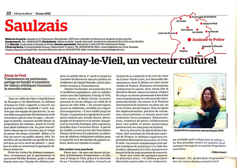 Le château d’Ainay-le-Vieil, un vecteur culturel, article paru dans l&#039;écho du Berry, 30 mars 2022