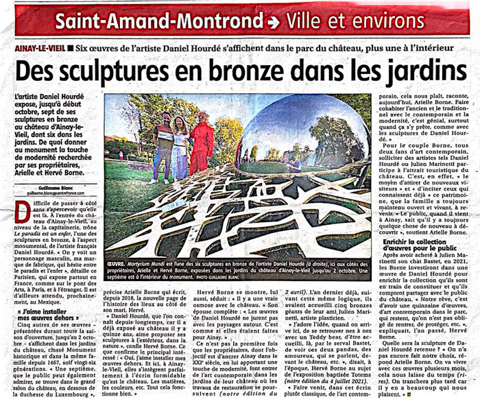 article sur le château d’Ainay-le-Vieil dans Le berry républicain, le 15 mai 2022, Des sculptures en bronze dans les jardins