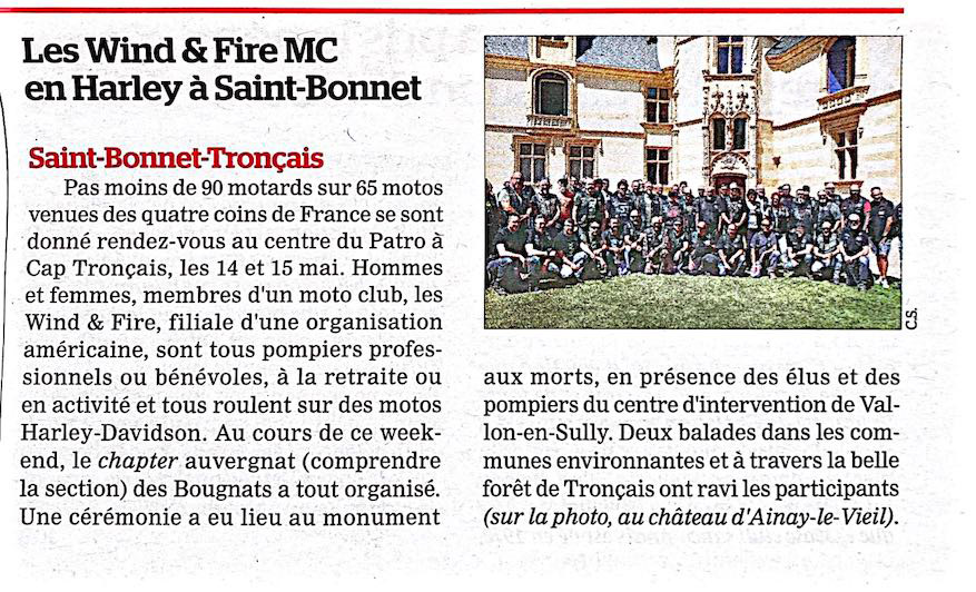 article sur le château d’Ainay-le-Vieil dans l'écho du berry, le 26 mai 2022, Les Wind and fire MC en Harley