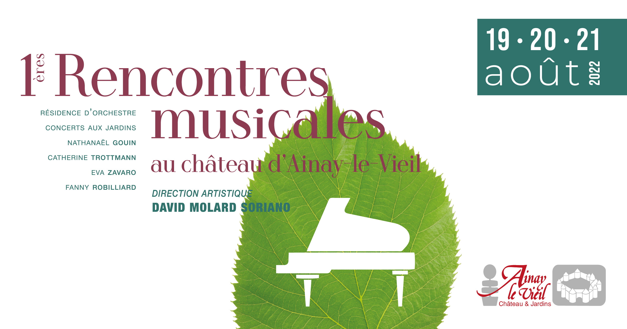 Affiche premières rencontres musicales au château d’Ainay-le-Vieil, août 2022, une feuille de tilleul et un piano en défonce