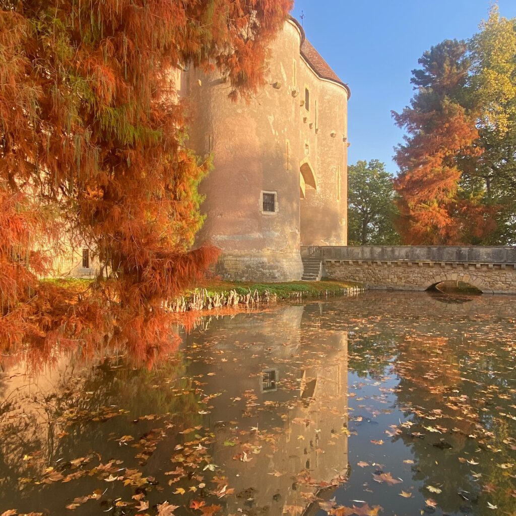 Château d'Ainay-le-Vieil, poterne et métaséquoia flamboyants à l'automne