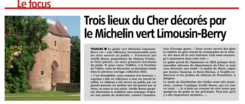 Château d’Ainay-le-Vieil, article du Berry républicain, le 11 avril 2023 : 2 étoiles Michelin