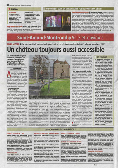 Article paru dans le Berry républicain, le 25 avril 2023, "Le château d’Ainay-le-Vieil toujours aussi accessible".