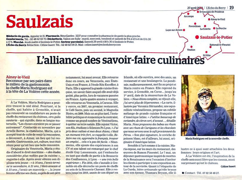 27 avril 2023, article de l'écho du Berry, L'alliance des savoir-faire culinaires, Maria Rodriguez Sanchez, la nouvelle cheffe au restaurant La Volière du Château d’Ainay-le-Vieil