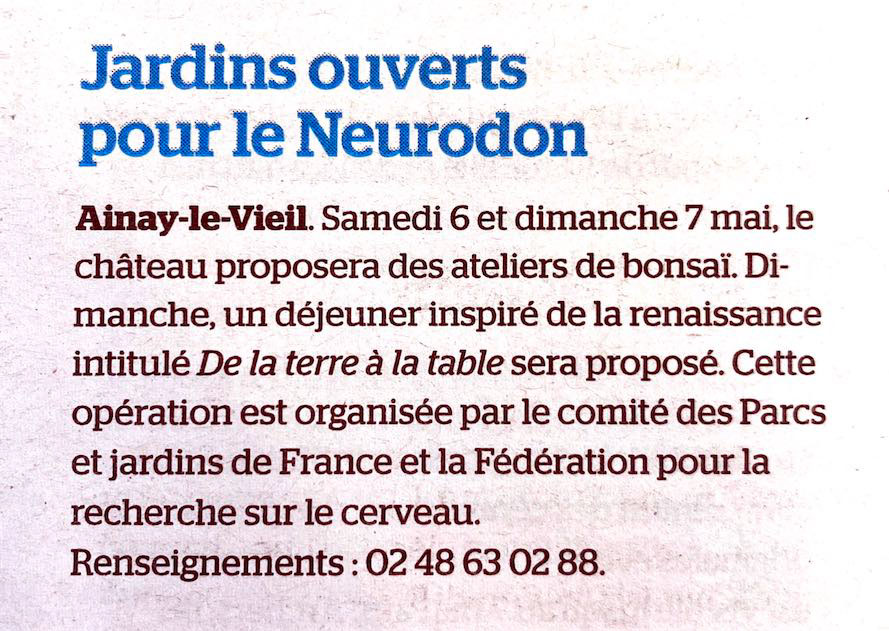 5 mai 2023, article de l'écho du Berry, Jardins ouverts pour le Neurodon au Château d’Ainay-le-Vieil