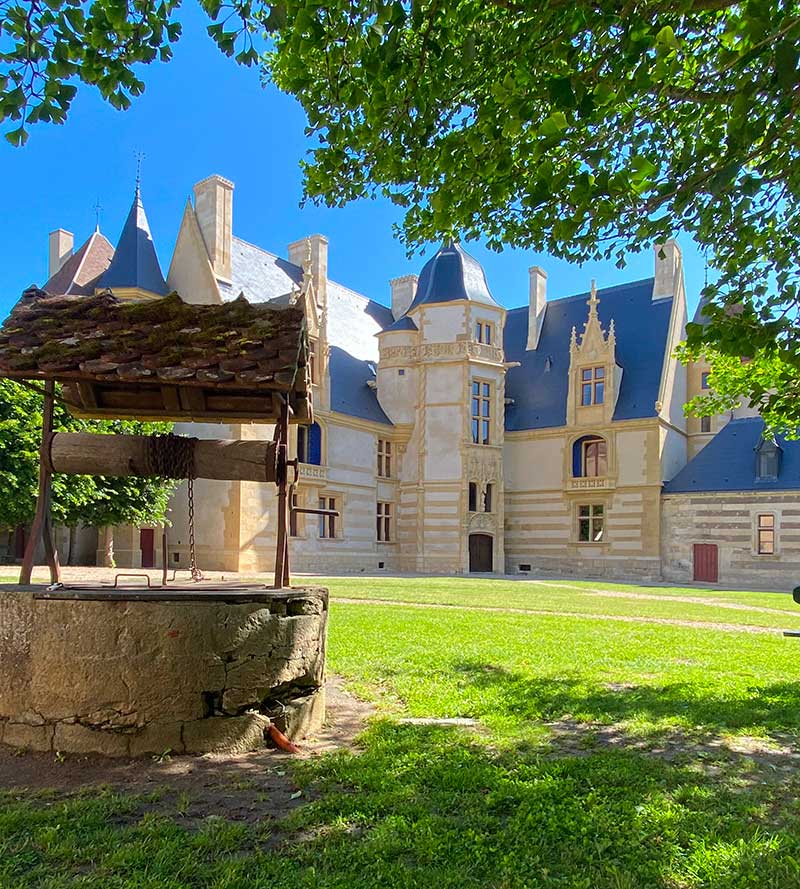 Logis renaissance du Château d'Ainay-le-Vieil avec vieux puits et ginkgo biloba