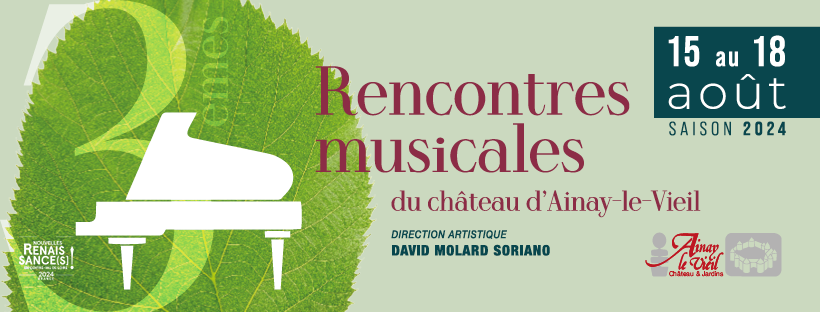Le château d’Ainay-le-Vieil est très heureux d’annoncer la quatrième édition des "Rencontres Musicales du Château d’Ainay-le-Vieil" du 15 au 18 août 2024. Un nouveau programme, de nouveaux invités vont investir Ainay de musique afin de nous faire vivre une fois encore, un moment doux et mélodieux.