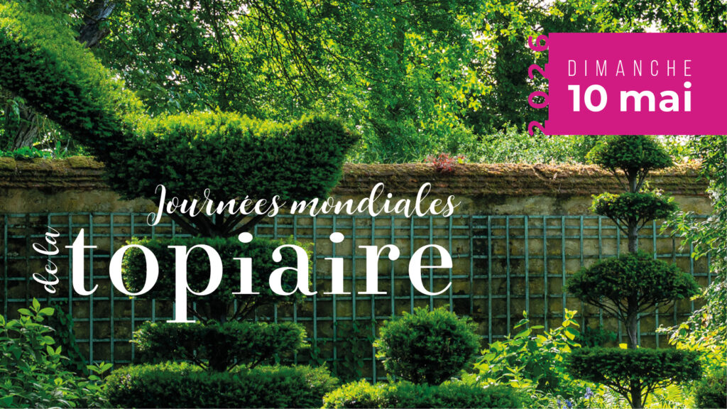 Affiche Journées mondiales de la topiaire au Château d'Ainay-le-Vieil, saison 2026, ifs taillés en topiaire et haie de charmilles avec reflets dans l'eau