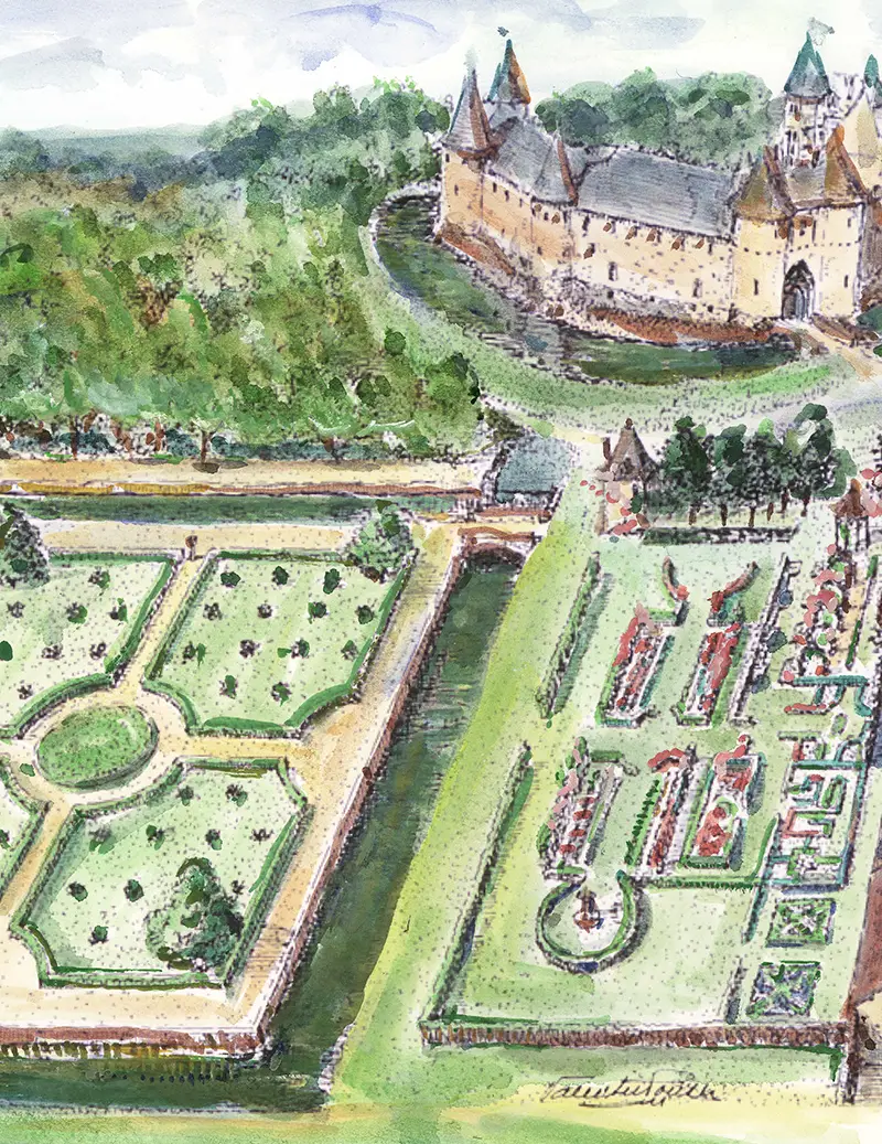 Aquarelle d'une vue aérienne du Château d’Ainay-le-Vieil avec ses jardins
